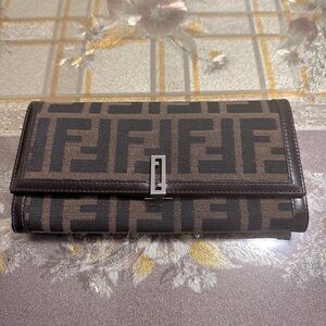 FENDI Women’s Long Wallet Brown Zucca Logo Print Silver Clasp Closure